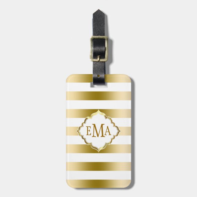 Etiqueta De Bagagem Padrão Geométrico de Douradas Stripes Monogramas (Frente Vertical)