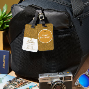 Etiqueta De Bagagem Padrão Geométrico Personalizado Marrom e Dourado