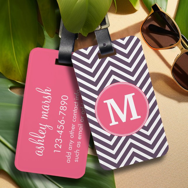 Etiqueta De Bagagem Padrão Girly Chevron com Monograma - Púrpura Rosa (Personalized luggage tag - vibrant colors and custom text)