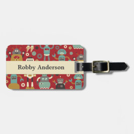 Etiqueta De Bagagem Padrão Ilustrado de Robôs Retro Diversos (Vermelho