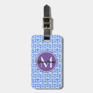 Etiqueta De Bagagem Padrão Lilac Monograma Azul e Coruja Branca