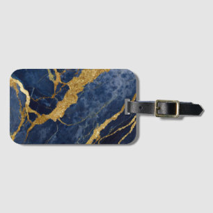 Etiqueta De Bagagem Padrão Marble Azul com Dourado