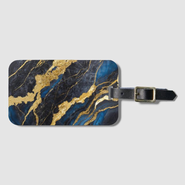 Etiqueta De Bagagem Padrão Marble Azul com Dourado (Frente Horizontal)