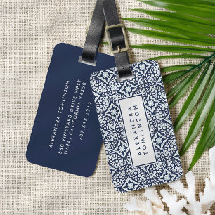 Etiqueta De Bagagem Padrão mediterrânico marinho e Branco