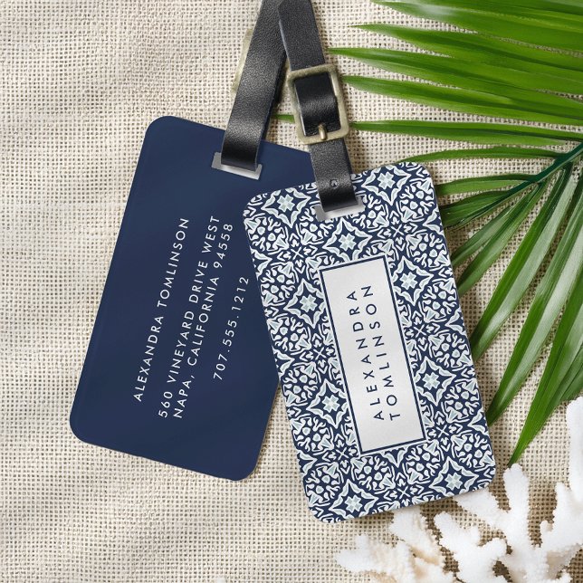 Etiqueta De Bagagem Padrão mediterrânico marinho e Branco (Criador carregado)