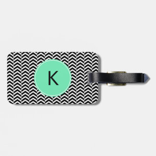 Etiqueta De Bagagem Padrão Monograma de Chevron, Espuma Branca, Preto