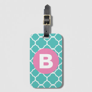 Etiqueta De Bagagem Padrão Quatrefoil Verde com Monograma Rosa Persona