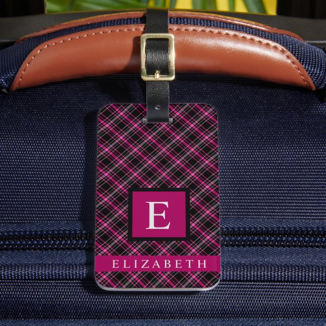 Etiqueta De Bagagem Padrão Verificado de Preto Púrpura Rosa Personaliz (Frente Insitu 2)