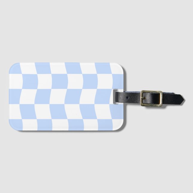 Etiqueta De Bagagem Padrão Xadrez Branco Azul Pastel Retro (Frente Horizontal)