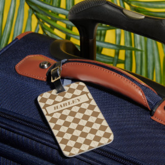 Etiqueta De Bagagem Padrão Xadrez Marrom Vintage