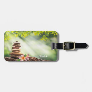 Etiqueta De Bagagem Paisagem de Flor de Lótus Branco, Pedras Zen