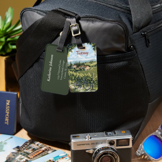 Etiqueta De Bagagem Paisagem toscana com vinhedos e bicicleta (Frente e verso)