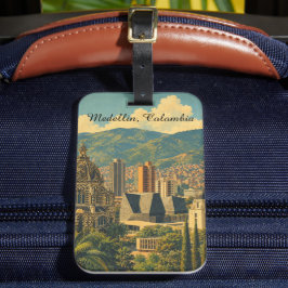 Etiqueta De Bagagem Paisagem Urbana de Medellín Colômbia Viagem Vintag