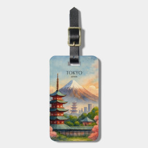 Etiqueta De Bagagem Paisagem Urbana de Tóquio Japão Aquarela Lembrança