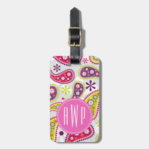 Etiqueta De Bagagem Paisley & monograma cor-de-rosa