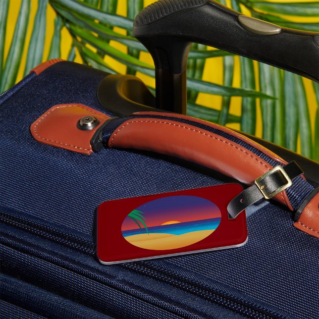 Etiqueta De Bagagem Palma de praia solar tropical deixa ondas oceânica (Criador carregado)