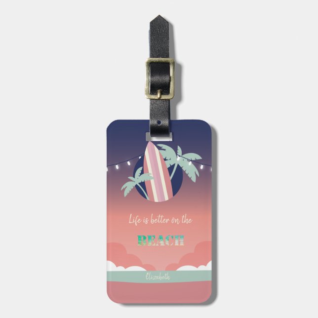 Etiqueta De Bagagem Palmas,Surfboard,String Lights Beach (Frente Vertical)