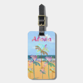 Etiqueta De Bagagem Palmeiras de aquarela tropical de praia arenosa