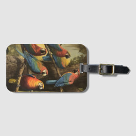 Etiqueta De Bagagem Papagaios coloridos de cena botânica em árvore