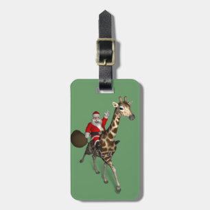 Etiqueta De Bagagem Papai Noel Andando Uma Girafa
