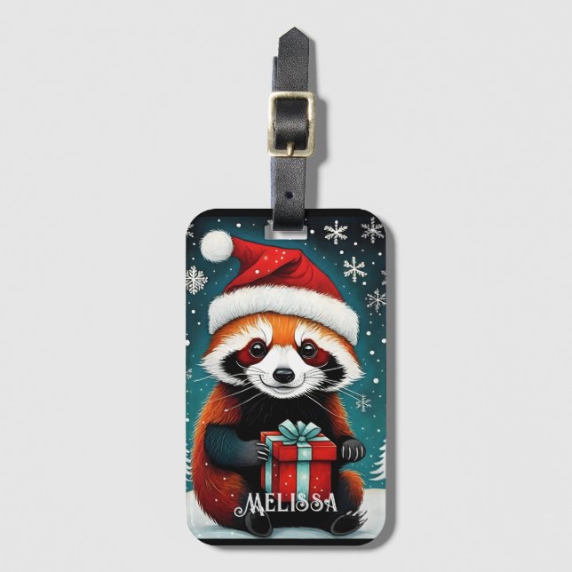 Etiqueta De Bagagem Papais noeis bonitos Panda Vermelha Snowy Natal (Frente Vertical)