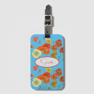 Etiqueta De Bagagem Papoula Laranja Vermelha Papoulas floral Azul Nome