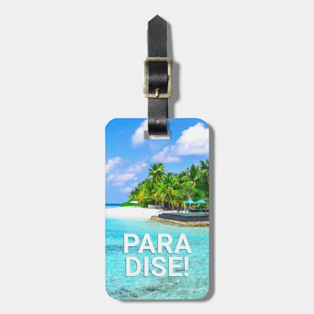 Etiqueta De Bagagem PARADISE Tropical Island, DIY Message Contact info (Frente Vertical)