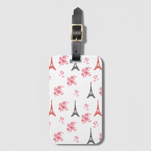Etiqueta De Bagagem Paris Love Pattern – Eiffel Tower & Roses Seamless (Frente Vertical)