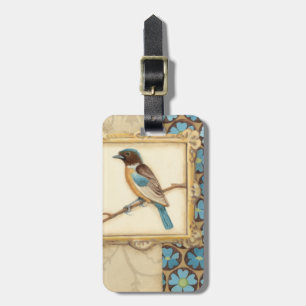 Etiqueta De Bagagem Pássaro Castanho e Azul em um Ramo Olhando para Ci