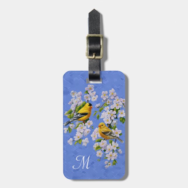 Etiqueta De Bagagem Pássaros Goldfinch e Flores Azul (Frente Vertical)