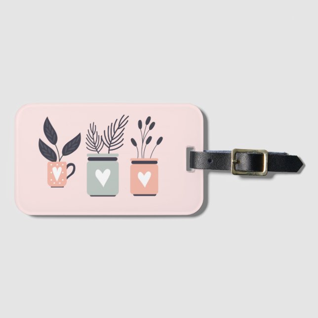 Etiqueta De Bagagem Pastel, rosa e cinzas, plantas modernas potes (Frente Horizontal)