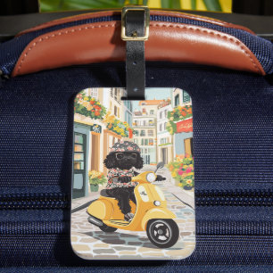 Etiqueta De Bagagem Patinete preto Doodle andando pelas ruas da cidade