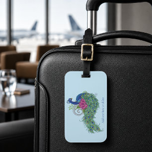 Etiqueta De Bagagem Pavão Elegante Flor de Lótus Henna Azul Ornamentad