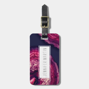 Etiqueta De Bagagem Pedra bonito rosa e roxa de grama de agato em azul