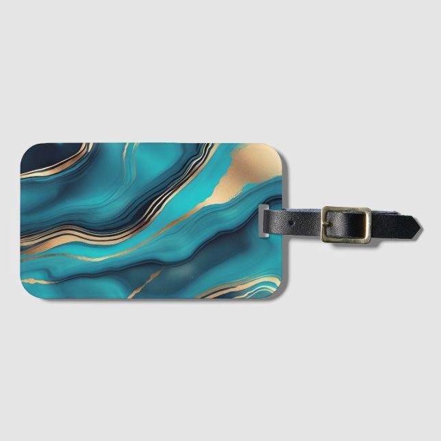 Etiqueta De Bagagem Pedra mármore Dourada azul (Frente Horizontal)
