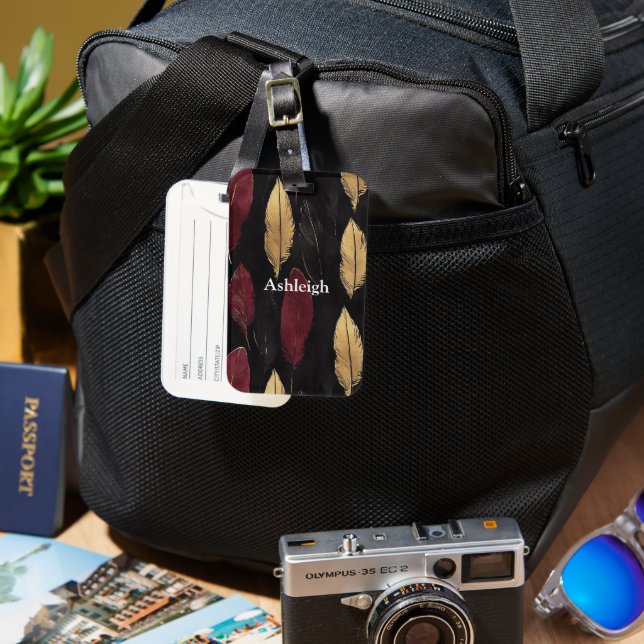 Etiqueta De Bagagem Penas Douradas Vermelhas Negras (Frente e Verso)