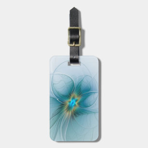 Etiqueta De Bagagem Pequena Beleza Arte Fractal Flor Azul Moderno Dour