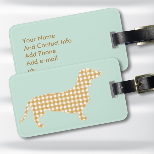 Etiqueta de Bagagem Personalizada de Dachshund - X (Personalized gingham dachshund luggage tag. Put a preppy sausage dog on your suitcase)