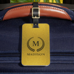 Etiqueta De Bagagem Personalizado Dourado Preto e Glitter Monograma
