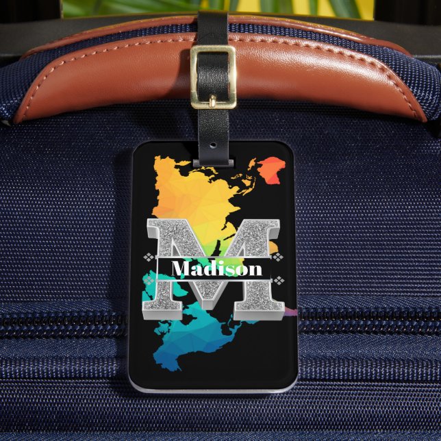 Etiqueta De Bagagem Personalizado M Inicial Silver Monograma Seu Nome (Frente Insitu 2)