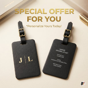 Etiqueta De Bagagem Personalizado Monograma Preto e Dourado Minimalist