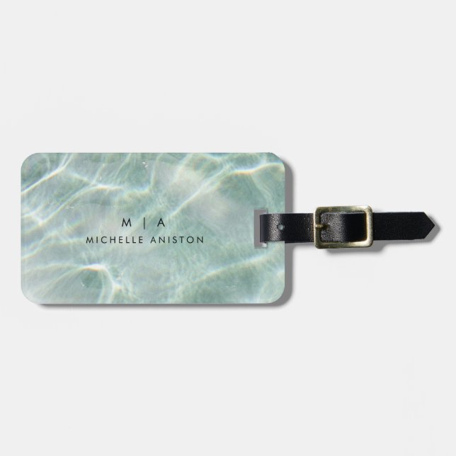Etiqueta De Bagagem Personalizado para Monograma do Oceano Calmo Azul  (Frente Horizontal)