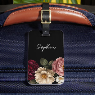Etiqueta De Bagagem Personalizado Preto Floral Belo Flores Boho