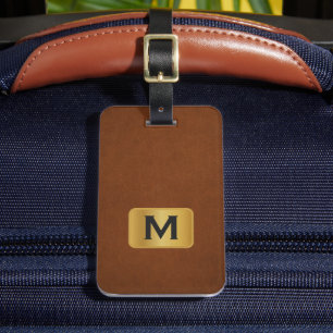 Etiqueta De Bagagem Personalizado Simples Couro Sable Monograma Dourad
