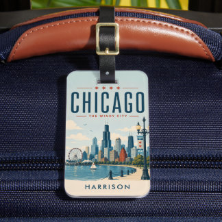 Etiqueta De Bagagem Personalizado Verde Nostálgico EUA Chicago Illinoi