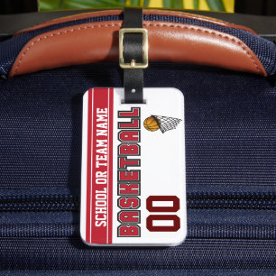Etiqueta De Bagagem Personalizar vermelho escuro e branco de basquete