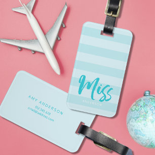Etiqueta De Bagagem Personalize com o nome Miss Preppy Blue Stripes