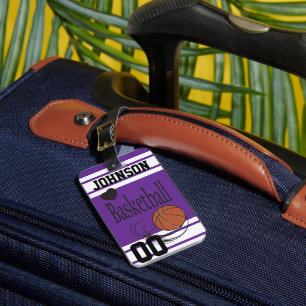 Etiqueta De Bagagem Personalize roxo do basquetebol e branco escuros