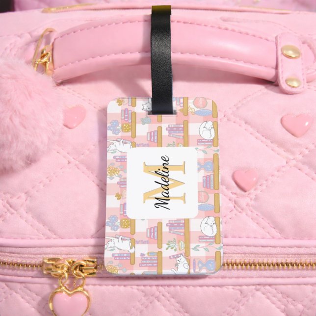 Etiqueta De Bagagem Personalized Cats Library Book Girl Pink School (Criador carregado)
