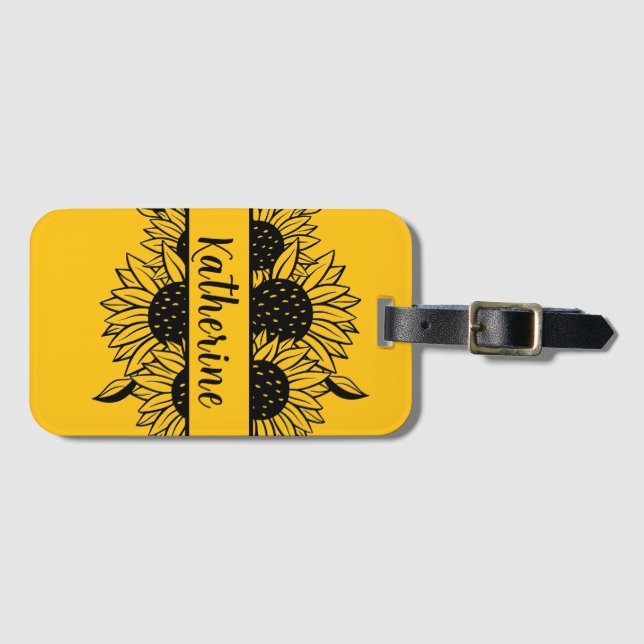 Etiqueta De Bagagem Personalized Floral line drawing sunflowers name  (Frente Horizontal)